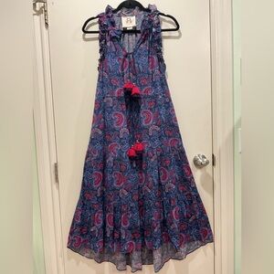 Sleeveless Blue & Pink Paisley Maxi Dress with Tassels